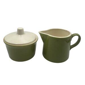 Green Ceramic Creamer And Sugar Bowl Set With Lid Ivory Interior Mid Century Des